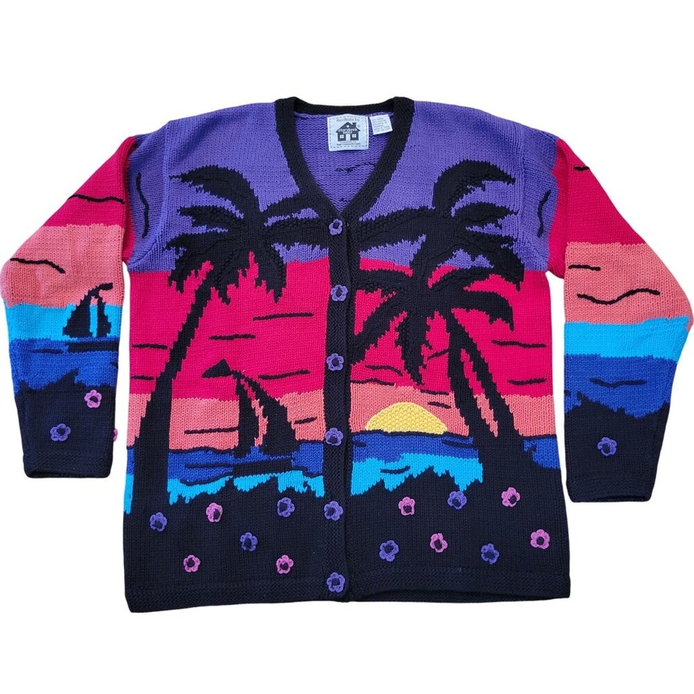 Storybook Knits Sunset Beach Cardigan Sweater Palm Tree M